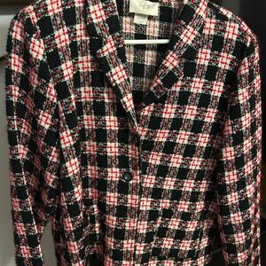 Tory Burch Black, White & Red Plaid Tweed Blazer